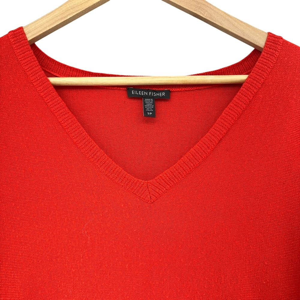 Eileen Fisher V Neck Merino Wool Sweater Womens Small Bright Red Pullover Luxury